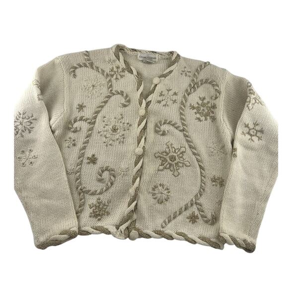 Vintage Casual Corner Sweater Womens Small Cream Ivory Gold Cardigan Christmas - Picture 1 of 15